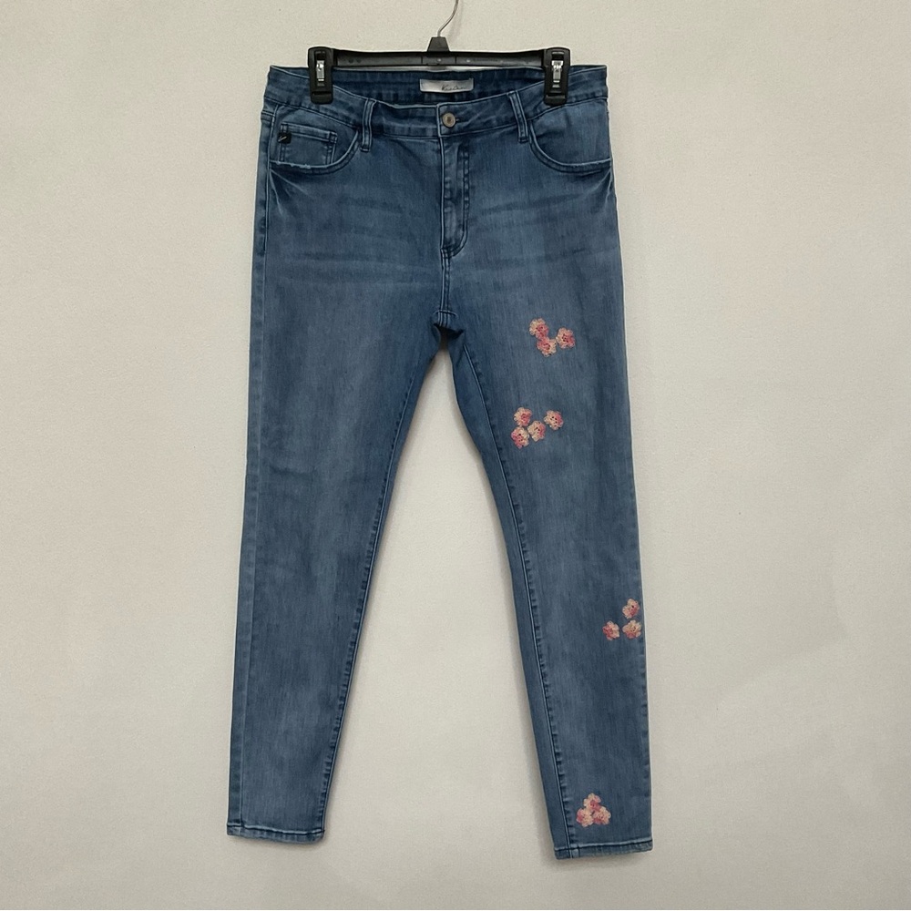 Kancan Mid Wash Skinny Jeans With Handmade Pink Floral Detail Size 13 Boho Girly